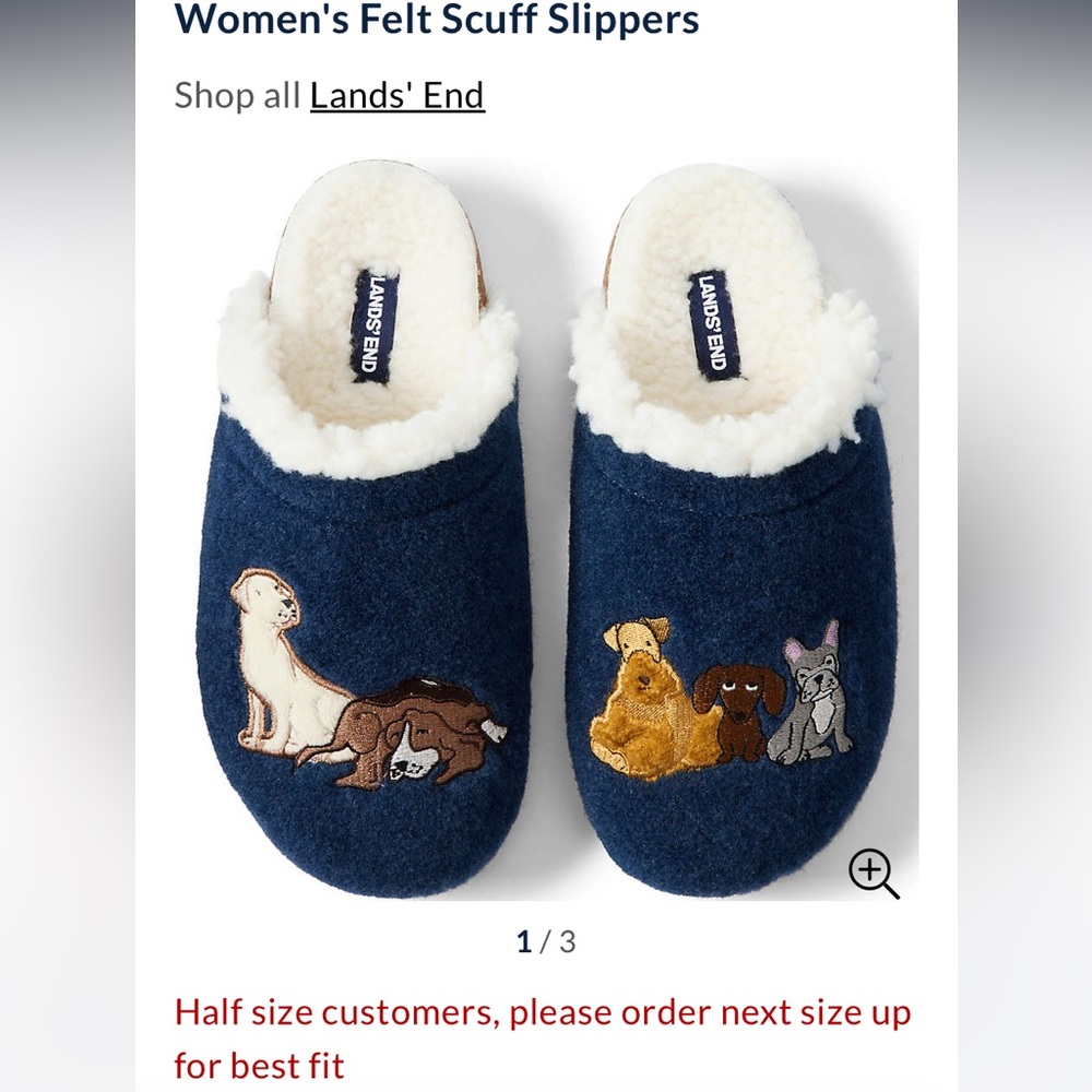 Women’s Felt Scuff Slippers. Size 10. Navy. Dog print.